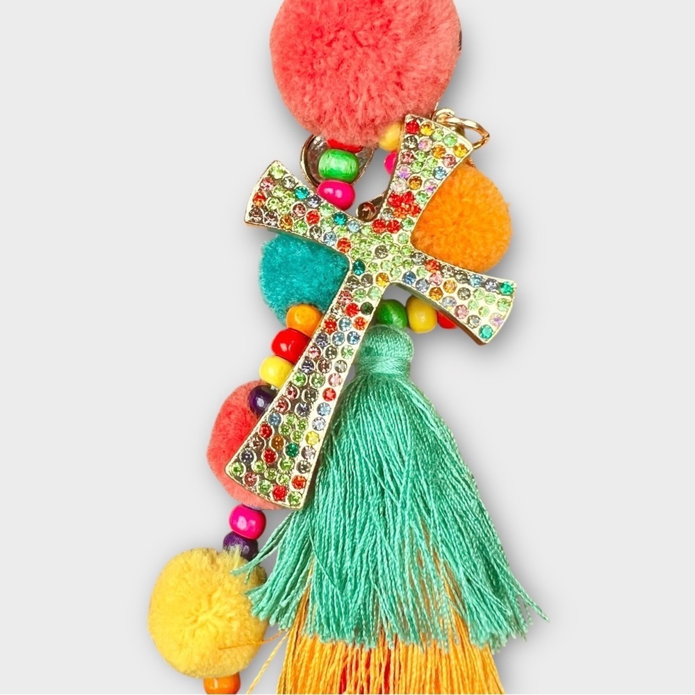 Bag Charm Cross and Tassel, Pom, and Beads, Gold and Multicolor - Picture 3 of 4